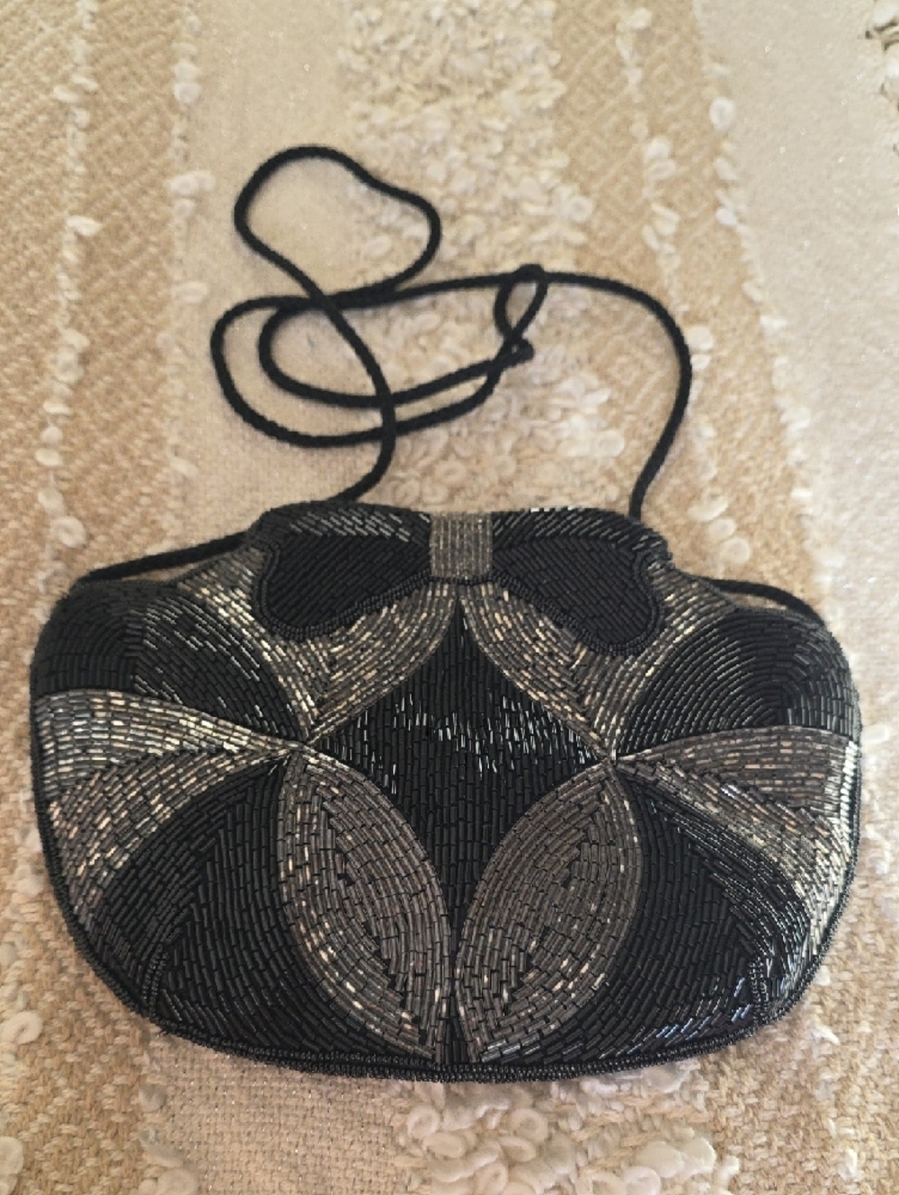Vintage Black and Silver Beaded Evening Crossbody Bag